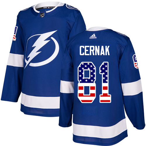 Adidas Tampa Bay Lightning Men 81 Erik Cernak Blue Home Authentic USA Flag Stitched NHL Jersey